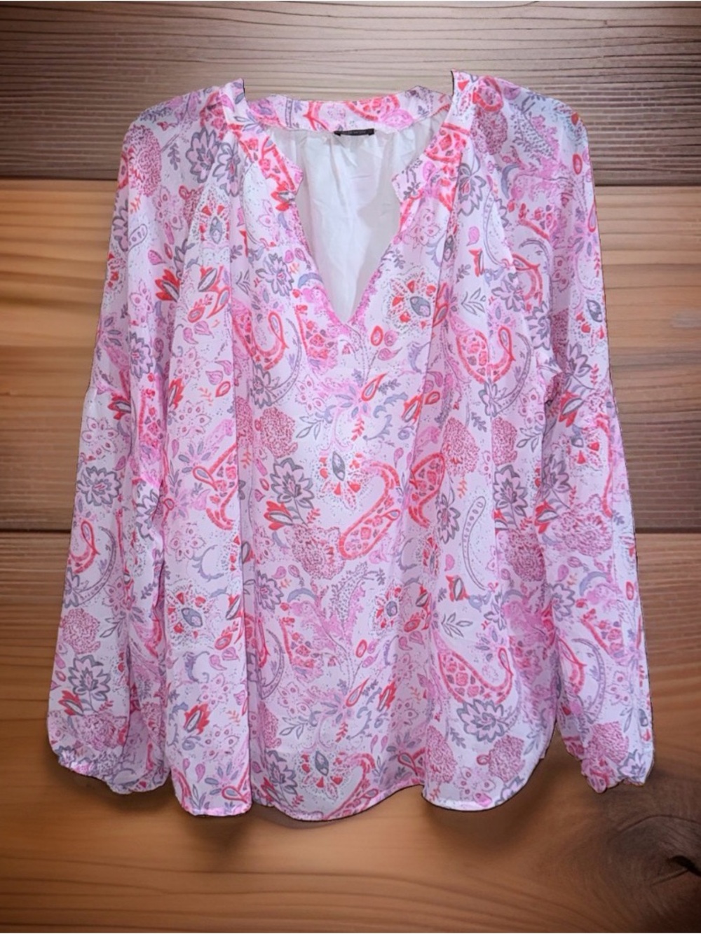 SHEWIN Women’s Pink & Gray Paisley V-Neck Long Sleeve Peasant Blouse-XL-EC